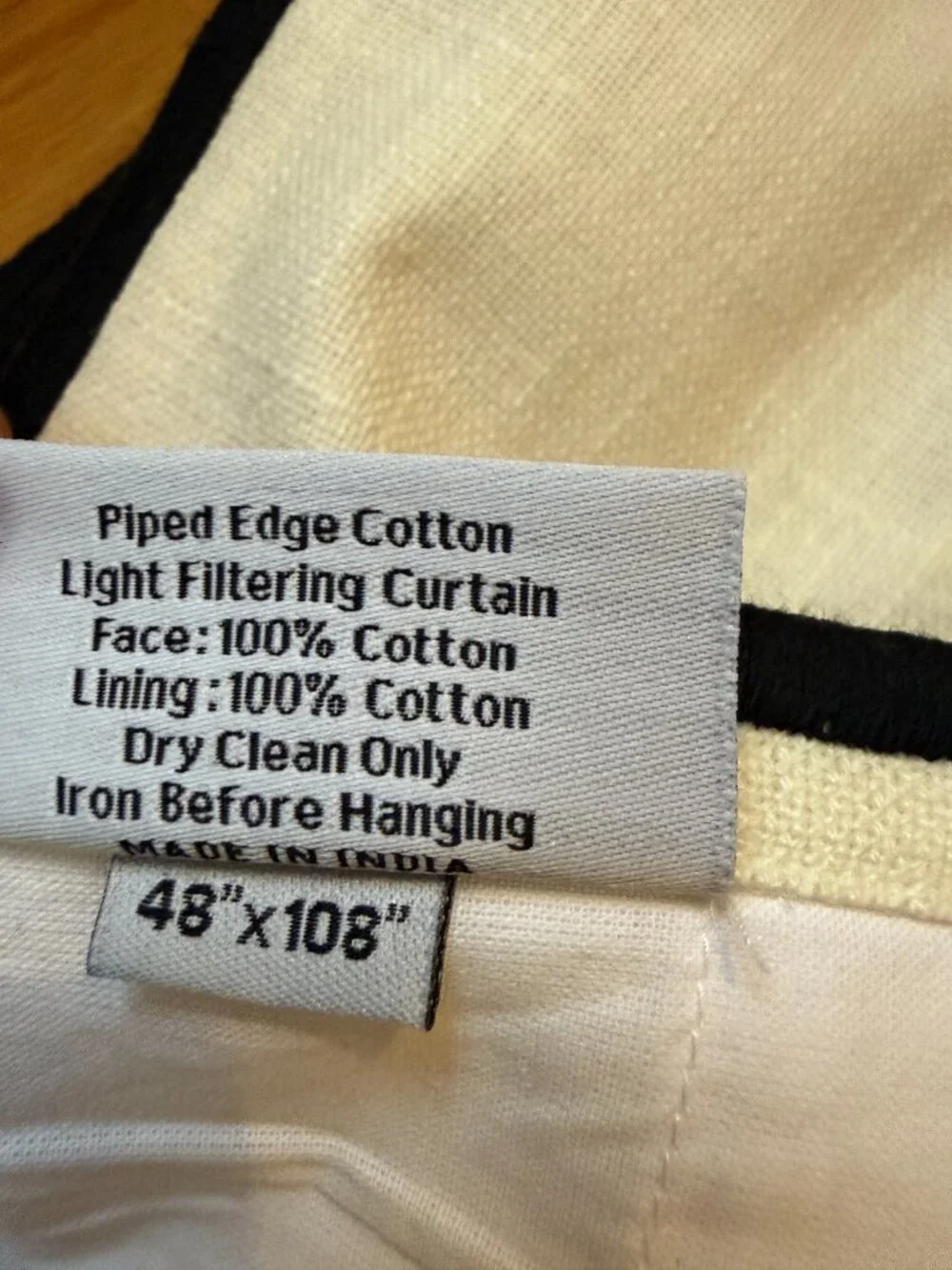 NWOT Piped Edge Cotton Cream and Black Curtain Panel - TWO PANELS 48